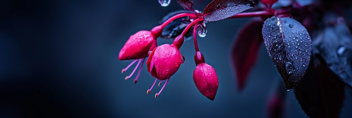 Poster -  A tight shot of a bloom with water beads on its petals and a verdant, leafy branch nearby