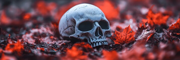 Canvas Print -  A skull amidst a red-leafed field, repeated by another black-and-white skull in the same setting