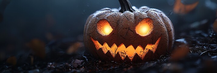  A jack-o-lantern pumpkin with two glowing eyes carved into its face