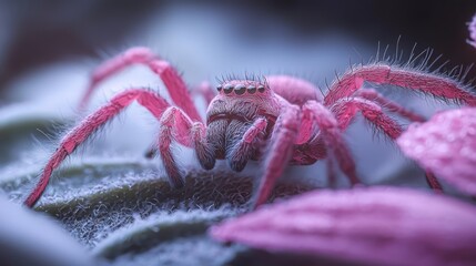 Wall Mural -  A tight shot of a pink spider on a green-and-white plant, covered in snow