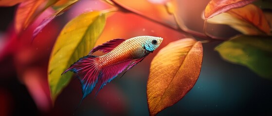 Wall Mural -  A red and blue fish sits atop a tree with leafy branches, colored red and blue Nearby stands a tree with leaves in shades of red and green