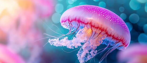 Sticker -  A tight shot of a jellyfish against a softly blurred backdrop of blue, pink, yellow, and white hues