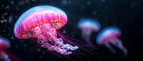 Sticker -  A tight shot of a solitary jellyfish hovering in the water, surrounded by smaller jellyfish in the foreground