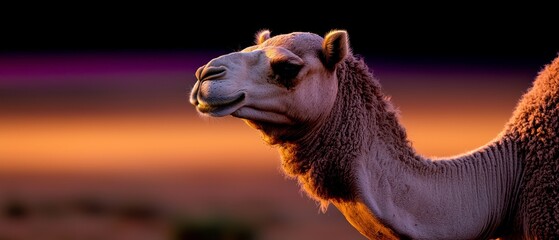 Sticker -  A tight shot of a camel's head against an ambiguous backdrop of orange, pink, and purple hues