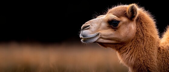 Wall Mural -  A tight shot of a camel's face with grass in the foreground and a black night sky behind