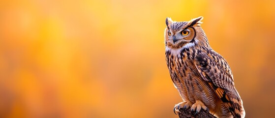 Poster -  An owl perched on a tree branch against a faintly blurred background, yellows prevailing in the backdrop