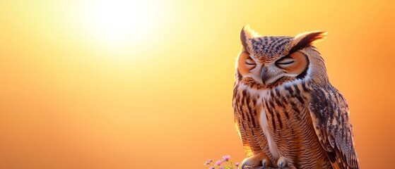 Poster -  A tight shot of an owl perched on a tree branch against a sun-kissed yellow backdrop with the sun setting in the background