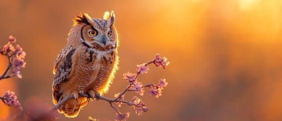 Poster -  An owl perches atop a tree branch adjacent to another laden with pink blossoms in the foreground