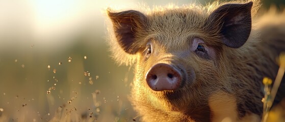 Sticker -  A tight shot of a pig in a verdant field, sun illuminating its face, backdrop softly blurred