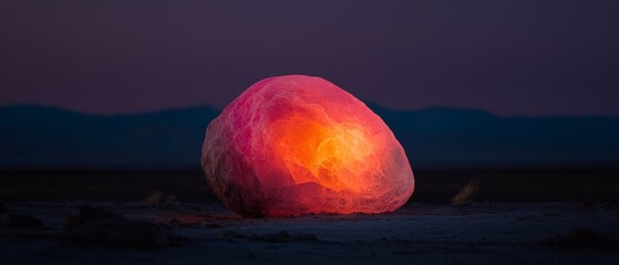 Wall Mural -  A red-lit boulder sits centrally in the open field against a backdrop of towering mountains