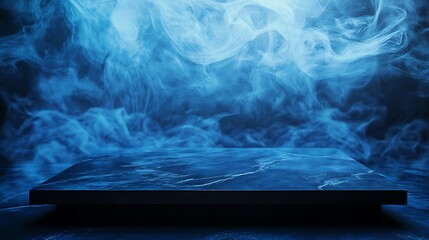 Wall Mural - A dark blue marble platform stands out against a backdrop of swirling blue smoke, creating a dramatic and moody scene.