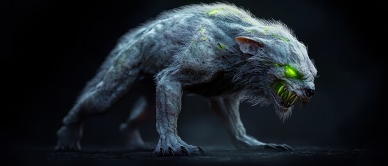 Canvas Print -  A furry creature with glowing eyes and a green radiance marking its face stands against a dark backdrop