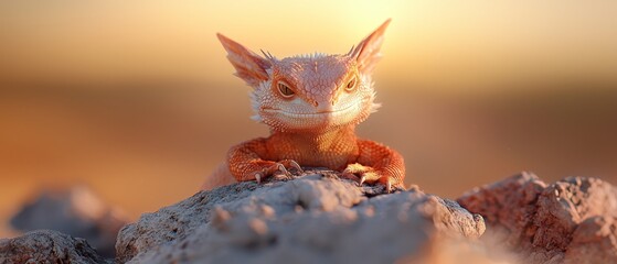 Wall Mural -  A tight shot of a lizard atop a rock, sun illuminating behind Background softly blurred