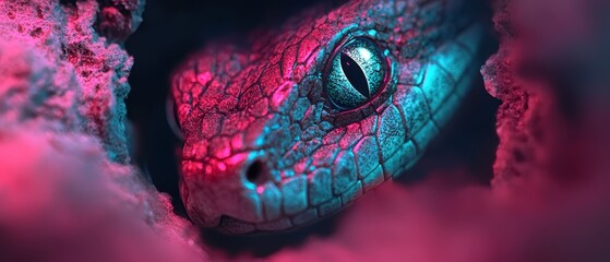 Canvas Print -  A snake's eye in a pink, blue, and purple hued background - close-up