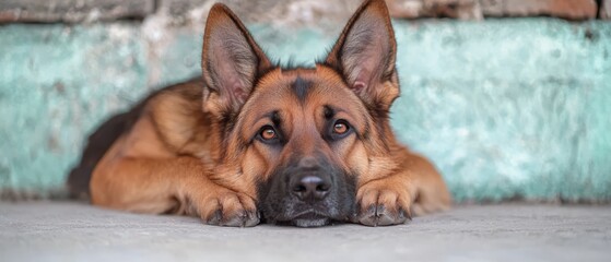 Sticker -  A tight shot of a dog reclining on the ground, its head nestled against the floor near a wall