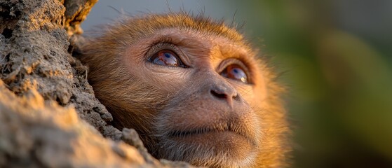 Sticker -  A tight shot of a monkey's face appearing from a tree trunk hole