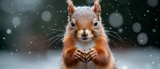 Poster -  A red squirrel stands on hind legs in snow, paws on chest