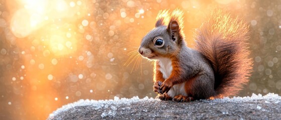 Wall Mural -  A squirrel sits atop a rock, gazing at the camera against a softly falling snowbackdrop