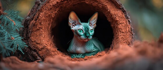 Poster -  A cat statue sits within a tree stump hole, surrounded by a pine tree background