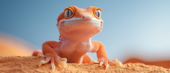 Poster -  A tight shot of a gecko atop a sand dune against a backdrop of blue sky, with a minimal amount of sand in the foreground