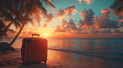 Exotic beach scene with a suitcase, palm trees, sea, and sky, bathed in beautiful sunset light, perfect for travel and tourism themes.