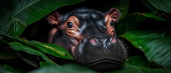 Wall Mural -  A tight shot of a hippo peeking out from behind a verdant tree branch