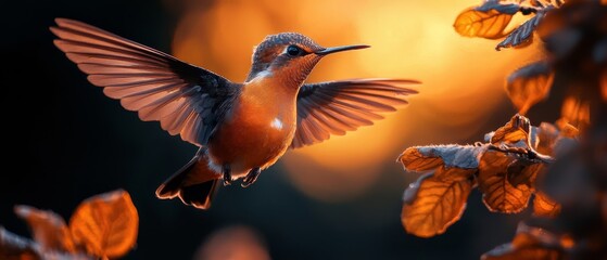 Poster -  A hummingbird rests on a tree branch, its wings gently flapping, amidst foliage in the foreground Behind, a radiant light illuminates the scene