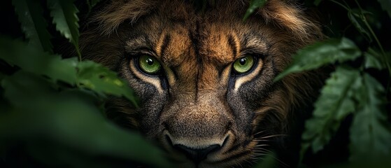 Wall Mural -  A tight shot of a lion's expressive green eyes peering out from amongst tree leaves