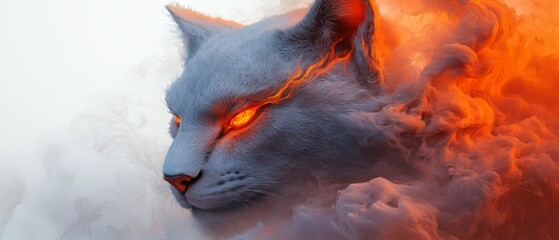 Sticker -  A tight shot of a white feline with crimson eyes and a fiery orb in its gaze