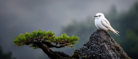 Wall Mural -  A white bird perches atop a tree branch, nestled between a pine tree and dense fog in the mountains