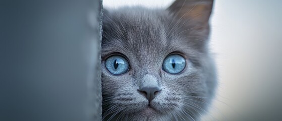 Wall Mural -  A tight shot of a feline with piercing blue eyes gazing out from beyond furniture, backdrop softly blurred