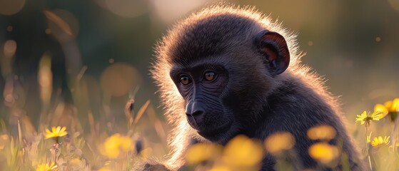 Sticker -  A tight shot of a monkey amongst grass and flowers, yellow blurs behind