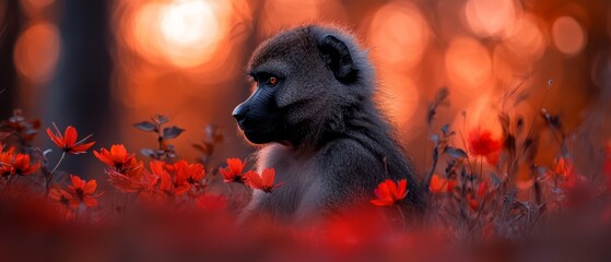 Poster -  A baboon seated among red blooms, hazy tree and bush backdrop