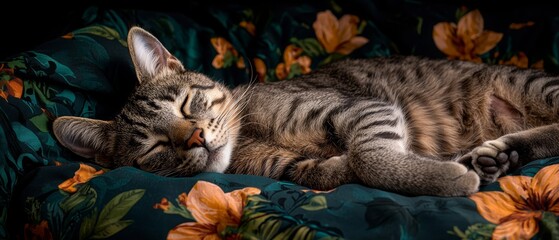 Wall Mural -  A tabby cat naps on a floral-print couch, eyes closed, head on paws