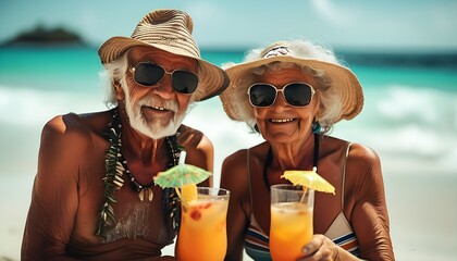 Joyful retired couple enjoying cocktails on the beach, soaking up the sun and relishing their travel adventures