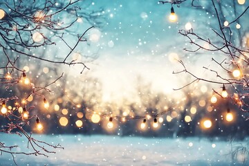 Festive Christmas lights in a winter landscape with snow creating a magical holiday wonderland scene