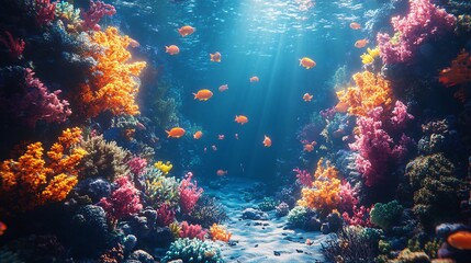 Serene underwater nature in the ocean, with colorful fish and coral formations, highlighting the beauty of outdoor marine environments.