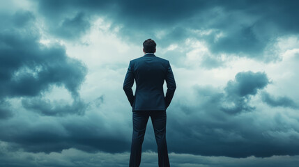 A business leader standing firm, with storm clouds in the background, symbolizing strength in uncertainty