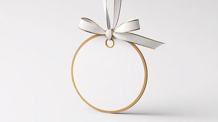 Circular price tag paper label with a white and gold ribbon, set against a white background for a clean, elegant look.