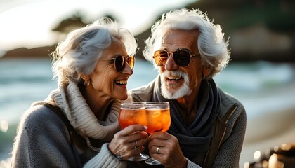 joyful elderly couple savoring cocktails under the sun on a beautiful beach day