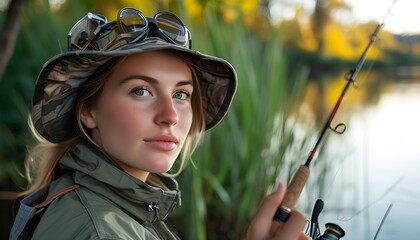 Candid portrait of a young Caucasian woman enjoying fishing in a serene outdoor setting