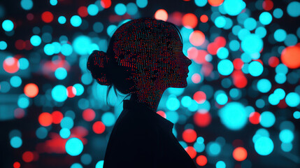 image features silhouette of woman against vibrant background of colorful dots, creating abstract representation of educational software and technology. interplay of light and color evokes sense of