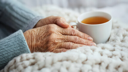 close up of elderly persons hands gently holding warm cup of tea, resting on cozy blanket. scene evokes sense of comfort and tranquility