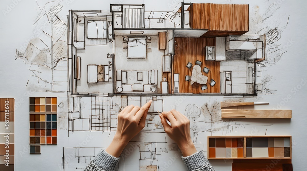 An interior designer is sketching the design of an apartment, with ...