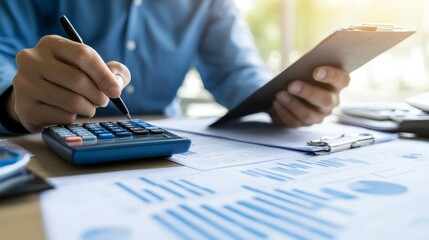 Wall Mural - A businessman reviewing financial documents and a calculator, symbolizing financial soundness, AI Generative