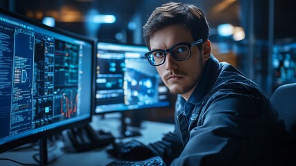 A young man in glasses and a blue jacket is working at a computer in a dark room. He is looking intently at the screen, with the code clearly visible.