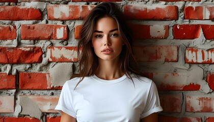 Elegant woman model showcasing white mockup t-shirt against textured red brick wall backdrop