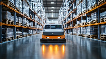 Automated Guided Vehicle navigating a modern warehouse, showcasing advanced logistics and efficient material handling.