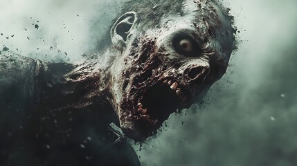 Close up of a Scary Zombie with Bloody Mouth and Glowing Eye