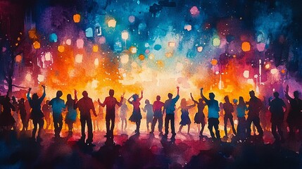 Watercolor illustration of people dancing and enjoying music at a party, capturing the vibrant and energetic atmosphere of social gatherings.